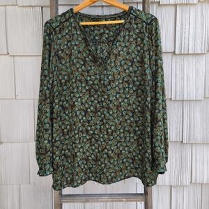Talbots Woman Petites Peacock Feather Print Lace Trim 1/4 Button Blouse sz 3XP
